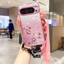 Kryt Google Pixel 9 Pro Květiny A Kamínky S Páskem Kadem