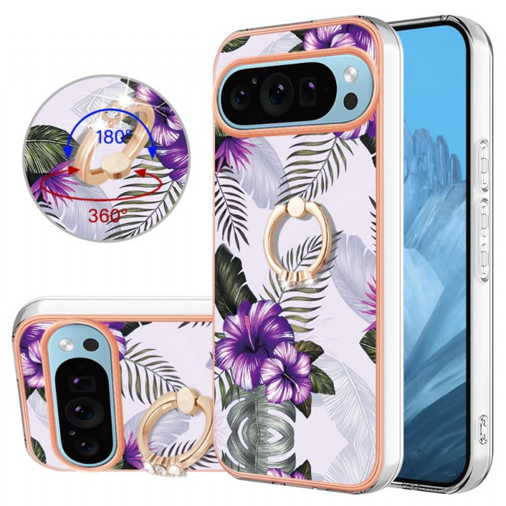 Kryt Na Google Pixel 9 Pro Podpěrný Prsten S Fialovými Květy