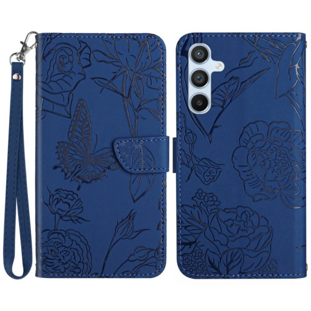 Kožený Kryt Na Samsung Galaxy M55 5g Tisk Motýlů S Popruhem