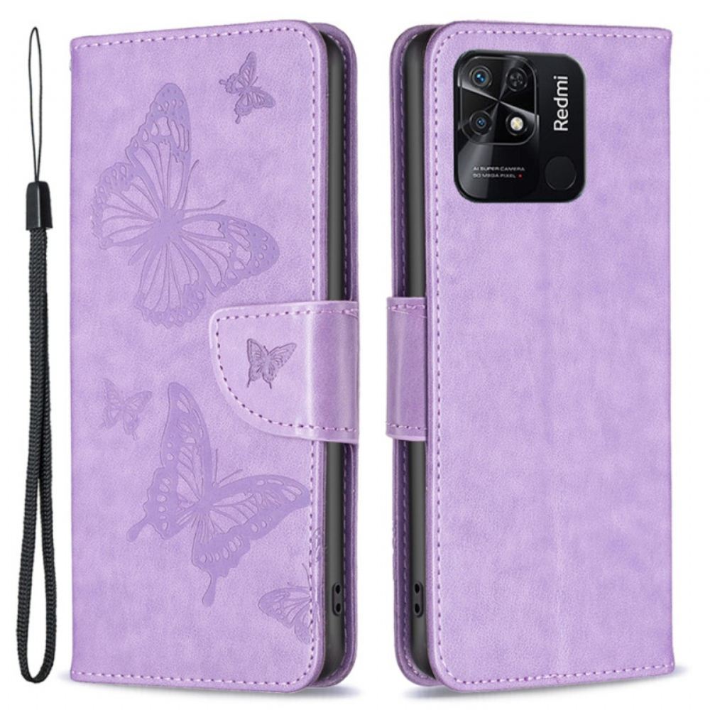 Flipové Pouzdro Na Xiaomi Redmi 10C Na Lana Popruh S Potiskem Motýlů