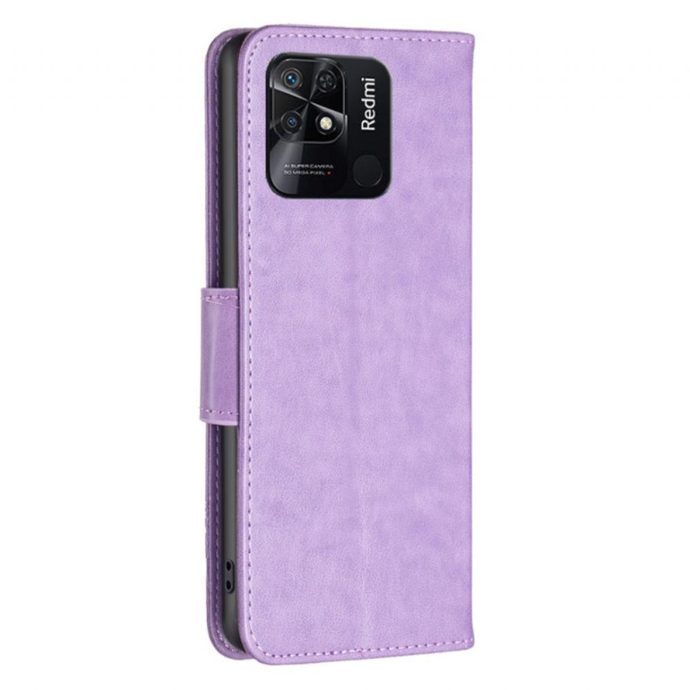 Flipové Pouzdro Na Xiaomi Redmi 10C Na Lana Popruh S Potiskem Motýlů