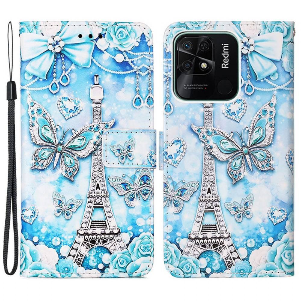 Flipové Pouzdro Na Xiaomi Redmi 10C Na Lana Řemínek Eiffel Tower Diamonds