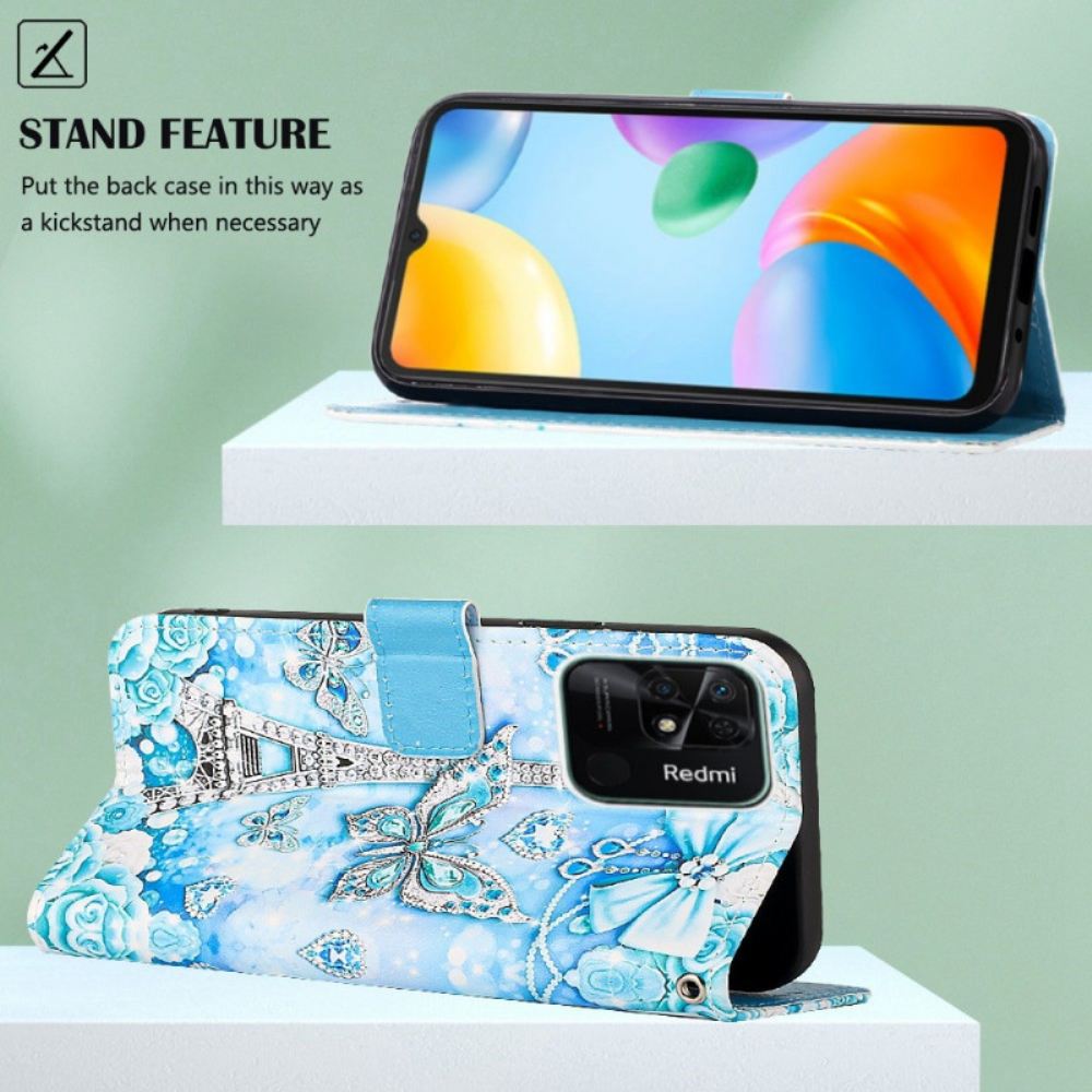 Flipové Pouzdro Na Xiaomi Redmi 10C Na Lana Řemínek Eiffel Tower Diamonds