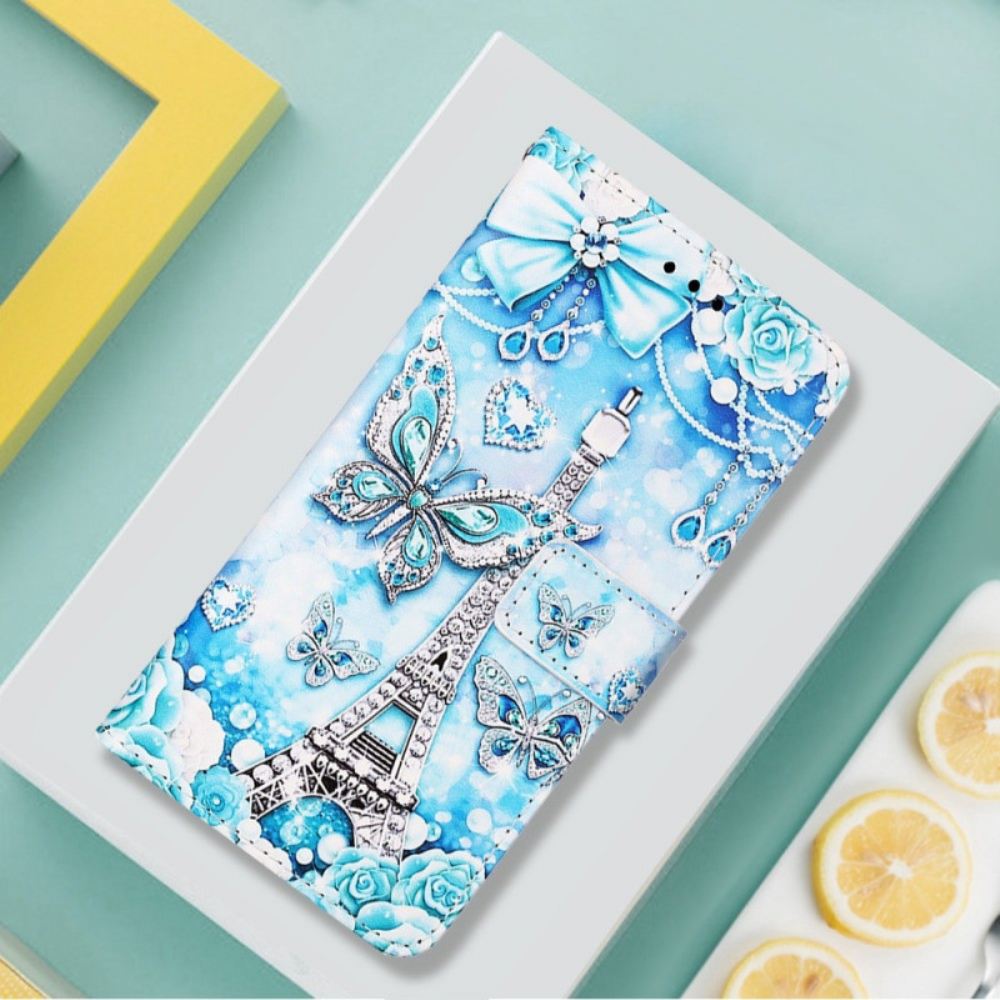 Flipové Pouzdro Na Xiaomi Redmi 10C Na Lana Řemínek Eiffel Tower Diamonds