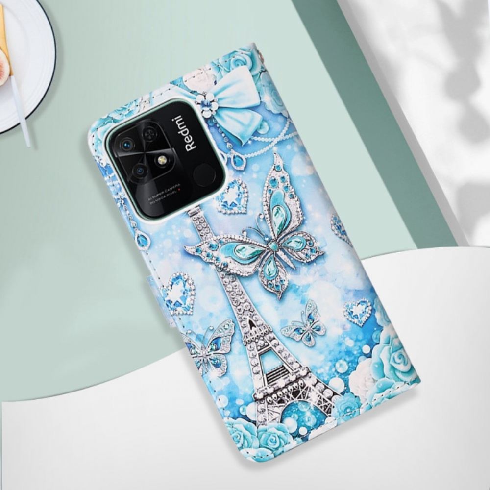 Flipové Pouzdro Na Xiaomi Redmi 10C Na Lana Řemínek Eiffel Tower Diamonds