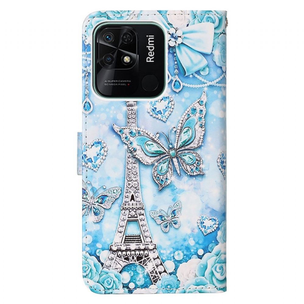 Flipové Pouzdro Na Xiaomi Redmi 10C Na Lana Řemínek Eiffel Tower Diamonds