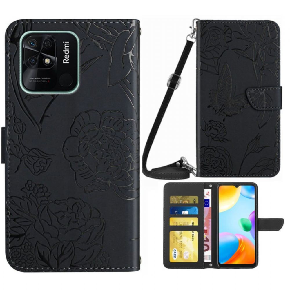 Flipové Pouzdro Na Xiaomi Redmi 10C Motýlci A Popruh Přes Rameno