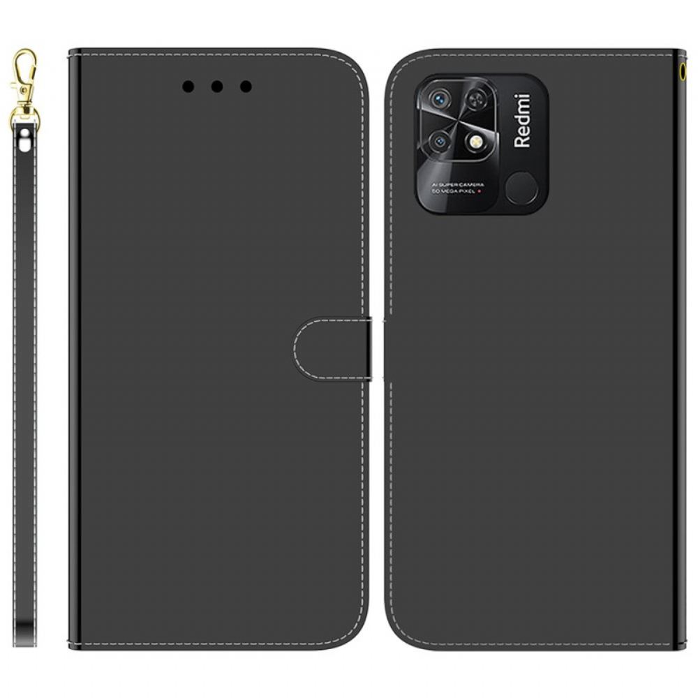 Flipové Pouzdro Na Xiaomi Redmi 10C Zrcadlová Koženka S Páskem