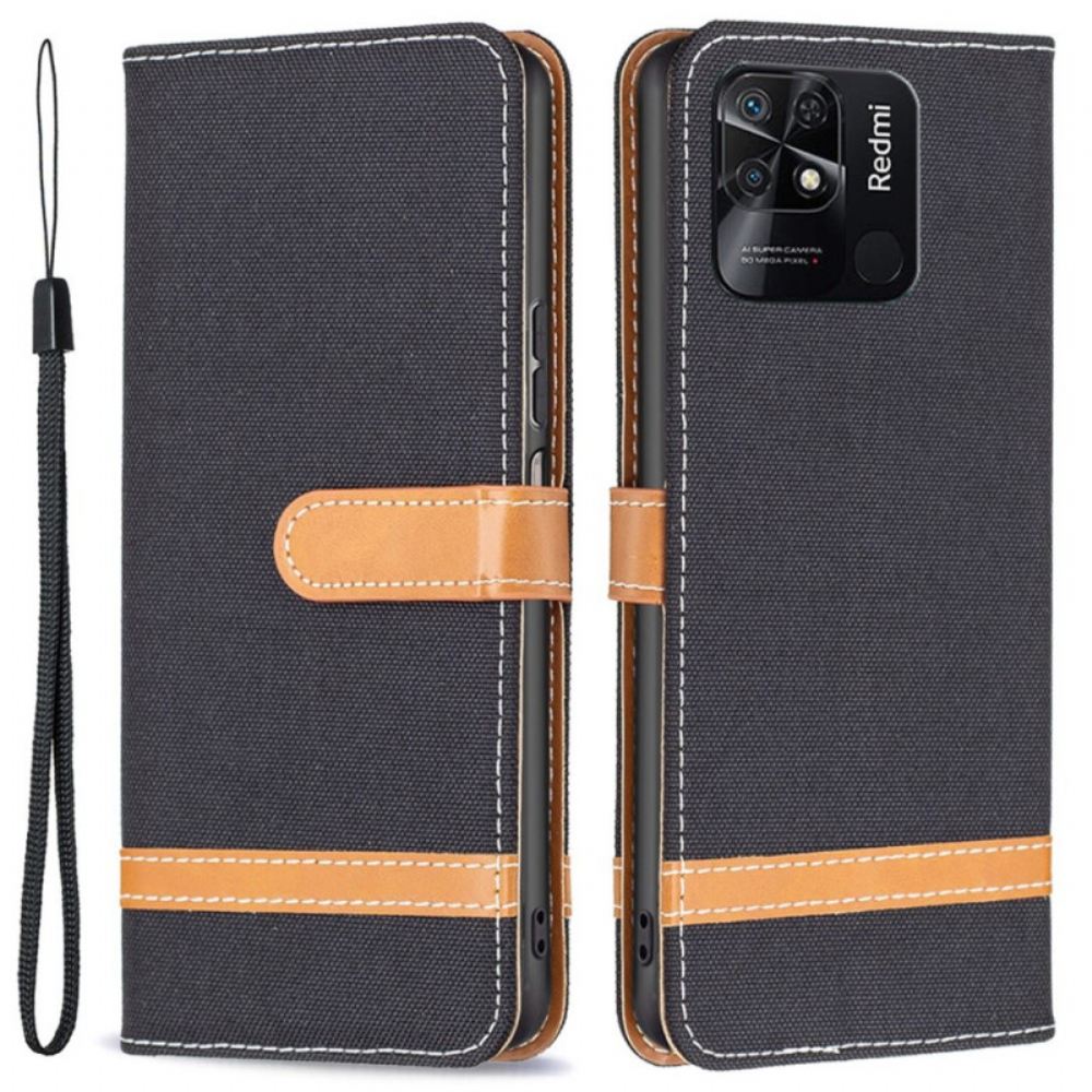 Kožené Pouzdro Na Xiaomi Redmi 10C Na Lana Pásek S Látkovým A Koženým Efektem
