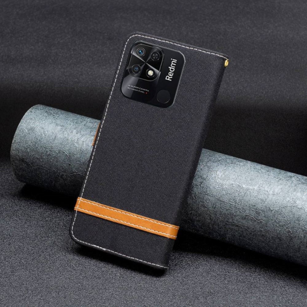 Kožené Pouzdro Na Xiaomi Redmi 10C Na Lana Pásek S Látkovým A Koženým Efektem