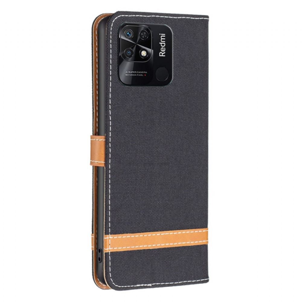 Kožené Pouzdro Na Xiaomi Redmi 10C Na Lana Pásek S Látkovým A Koženým Efektem