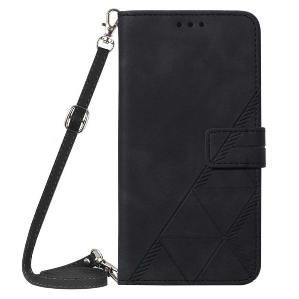 Kožené Pouzdro Na Xiaomi Redmi 10C Trojúhelníky S Ramenním Popruhem