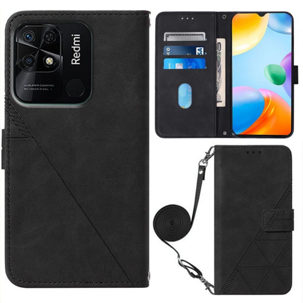 Kožené Pouzdro Na Xiaomi Redmi 10C Trojúhelníky S Ramenním Popruhem