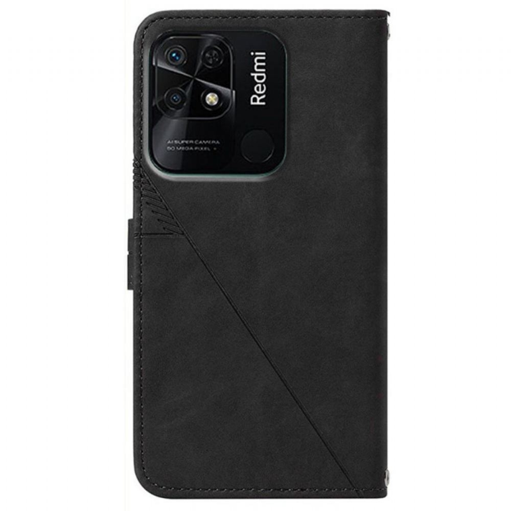 Kožené Pouzdro Na Xiaomi Redmi 10C Trojúhelníky S Ramenním Popruhem