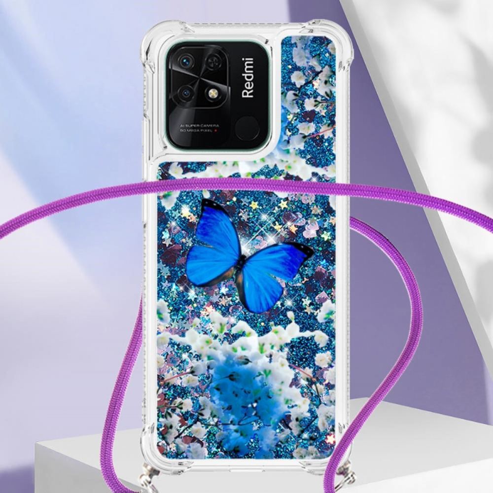 Kryty Na Mobil Na Xiaomi Redmi 10C Na Lana Stahovací Šňůrka S Flitry S Motýly