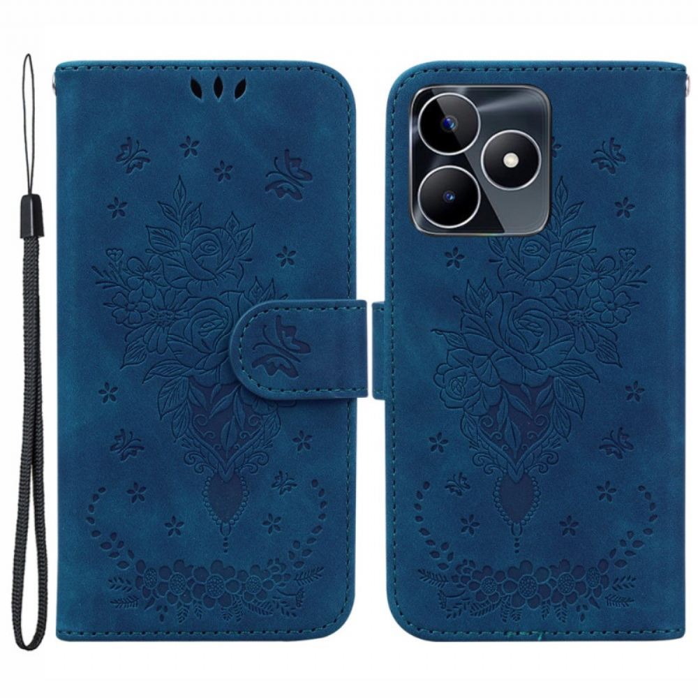 Kožený Kryt Realme C53 Vzor Růže A Motýla