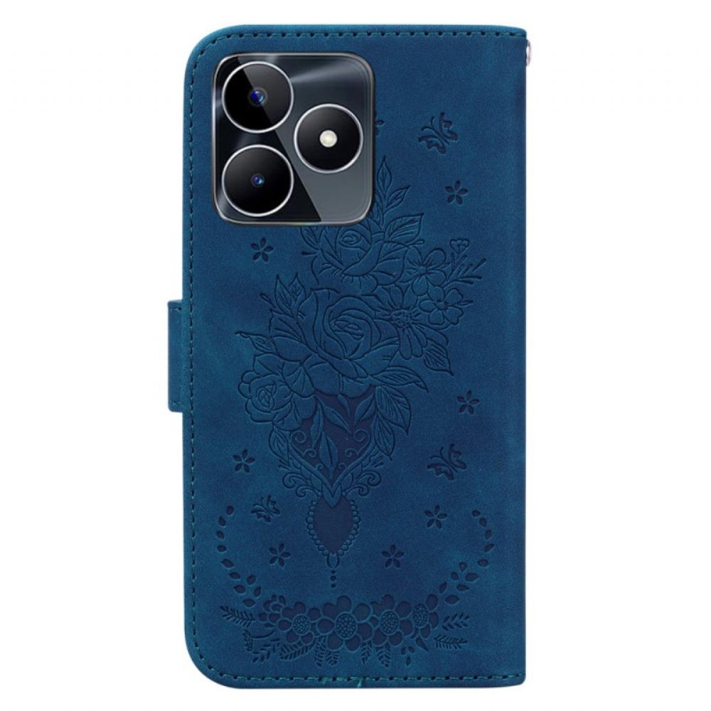 Kožený Kryt Realme C53 Vzor Růže A Motýla