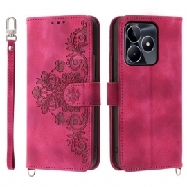 Peněženková Pouzdra Realme C53 Kryty Na Mobil Květinový Vzor S Popruhem A Ramenním Popruhem