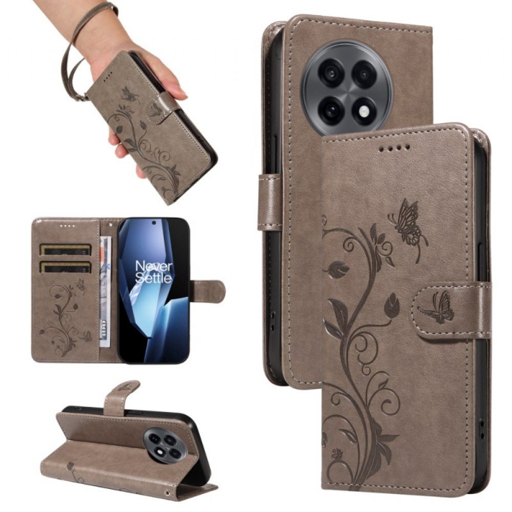 Kožený Kryt Na Oneplus 13r Řemínek S Květinovým Vzorem