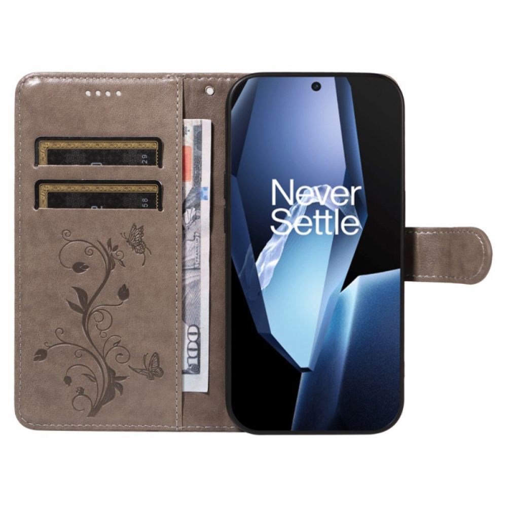 Kožený Kryt Na Oneplus 13r Řemínek S Květinovým Vzorem