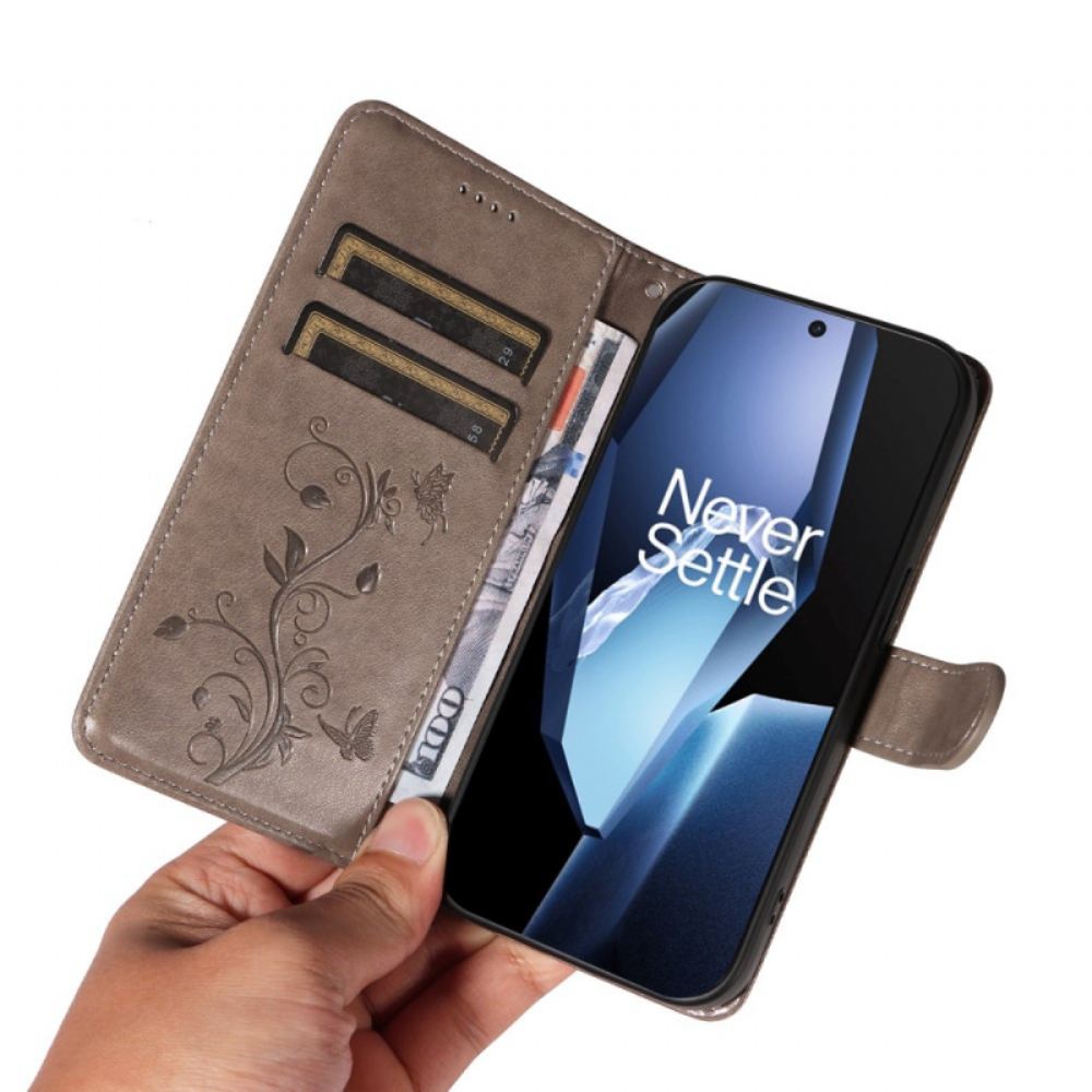 Kožený Kryt Na Oneplus 13r Řemínek S Květinovým Vzorem