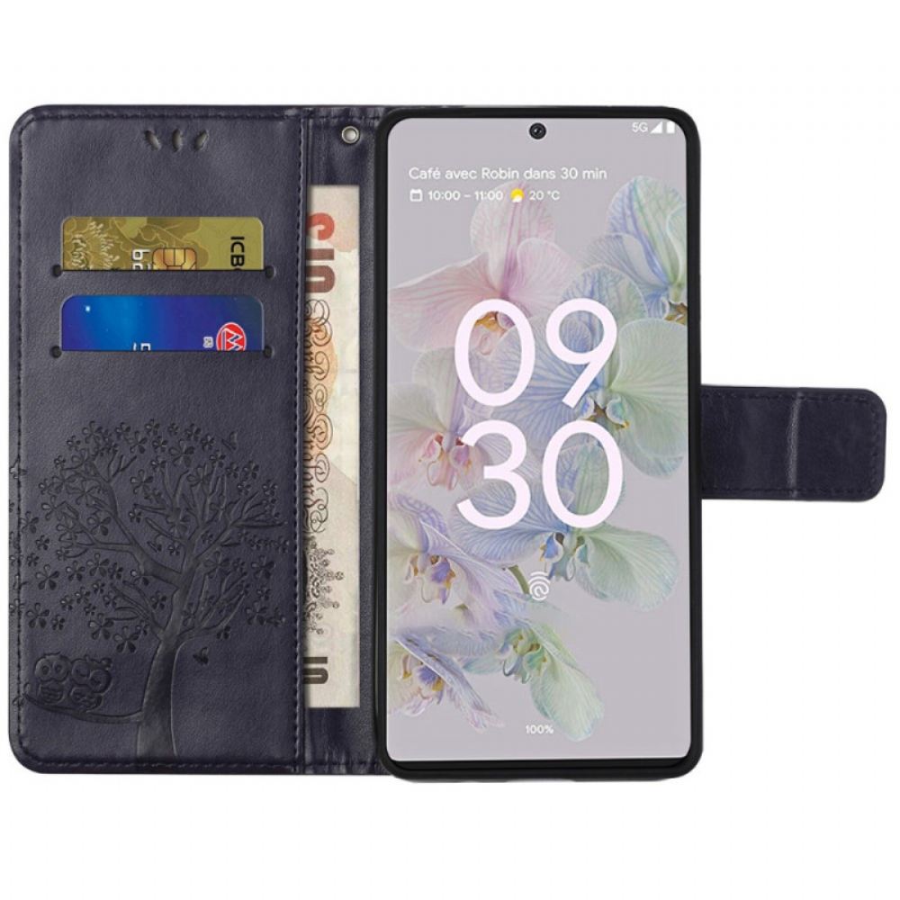 Flipové Pouzdro Na Google Pixel 6A Strom Sovy Se Šňůrkou