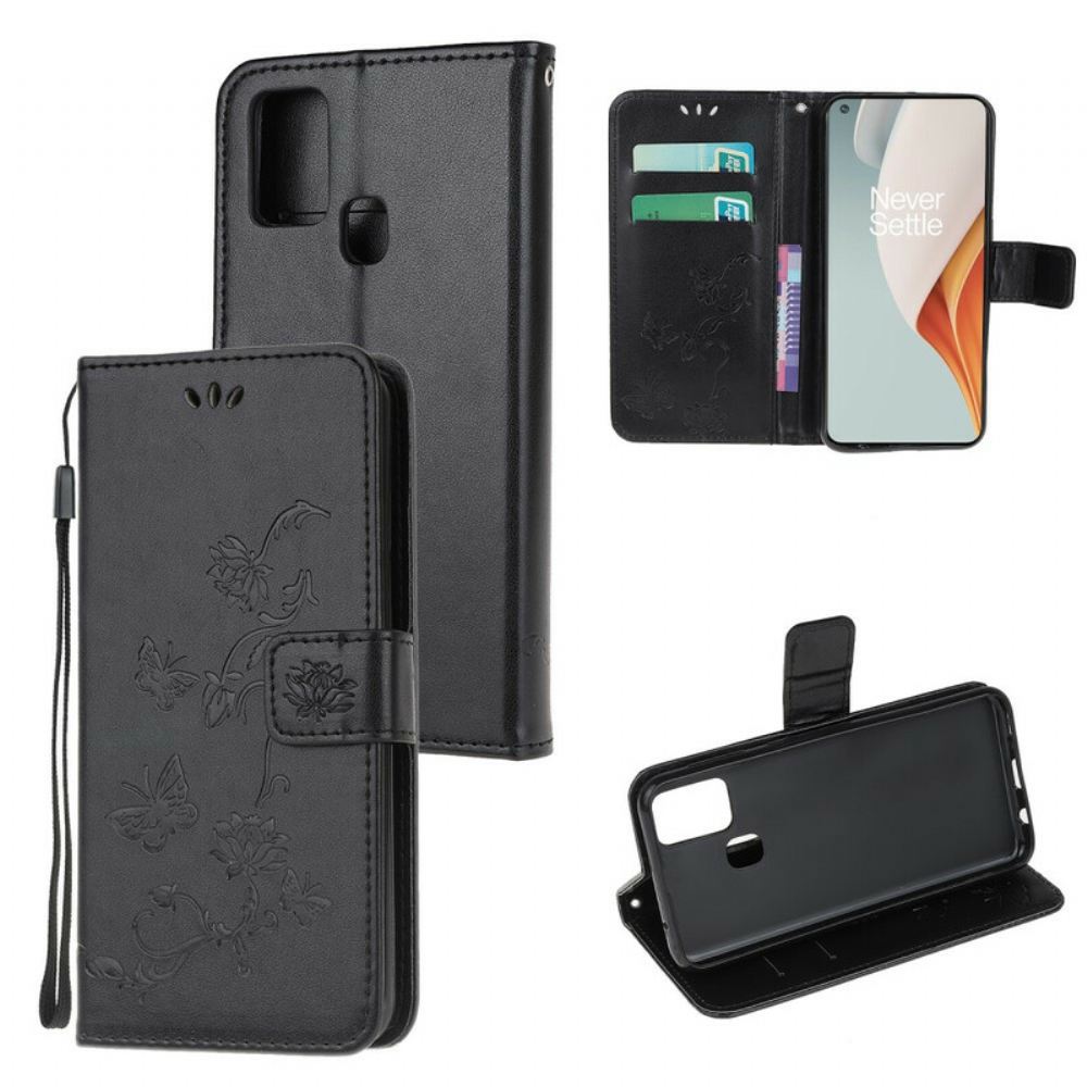 Flipové Pouzdro Na OnePlus Nord N100 Na Lana Motýli A Květiny Strappy