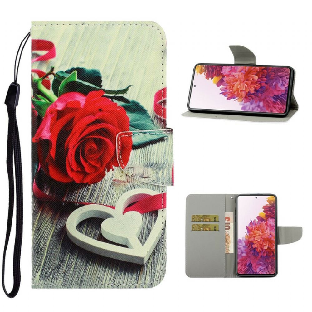 Flipové Pouzdro Na Samsung Galaxy S20 FE Na Lana Romantická Růže S Popruhem
