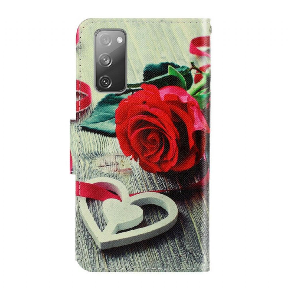 Flipové Pouzdro Na Samsung Galaxy S20 FE Na Lana Romantická Růže S Popruhem