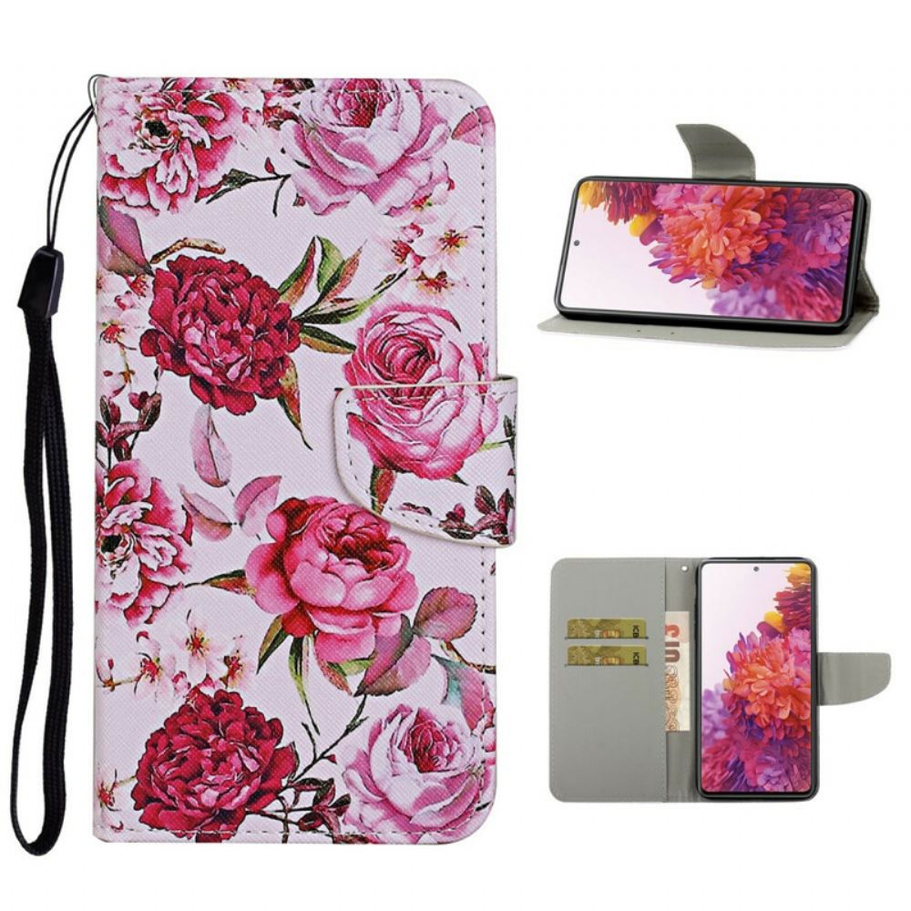 Flipové Pouzdro Na Samsung Galaxy S20 FE Mistrovské Květiny S Popruhem