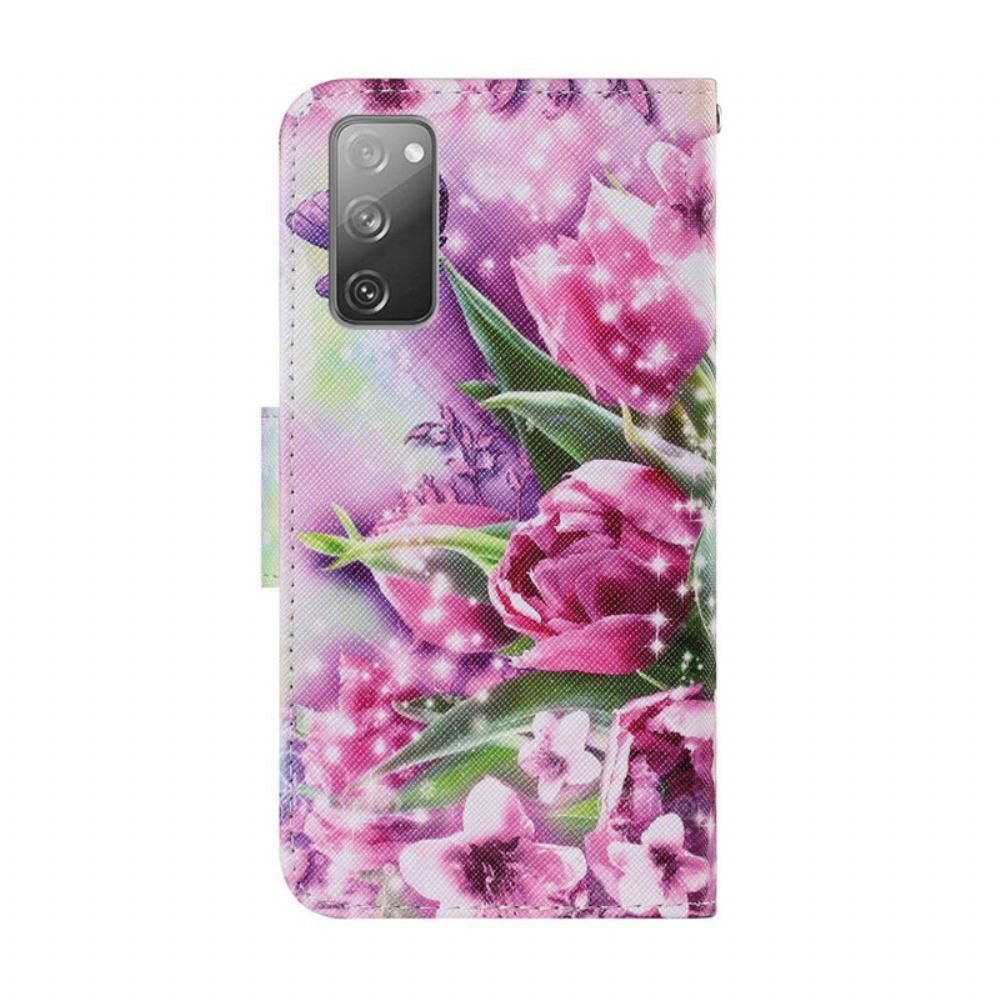 Flipové Pouzdro Na Samsung Galaxy S20 FE Motýli A Tulipány