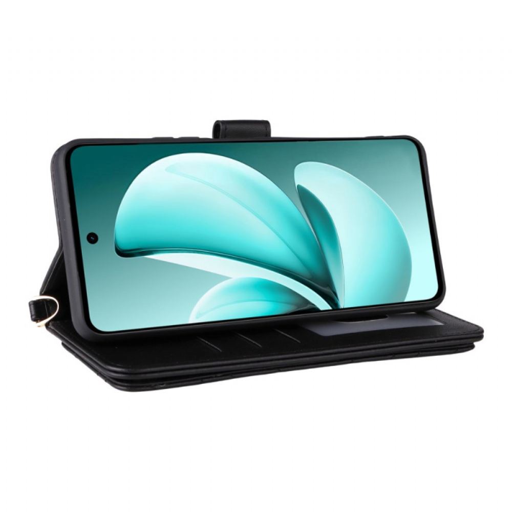 Kožený Kryt Na Realme C71 Prošívané S Ramenním Popruhem A Popruhem Na Zápěstí