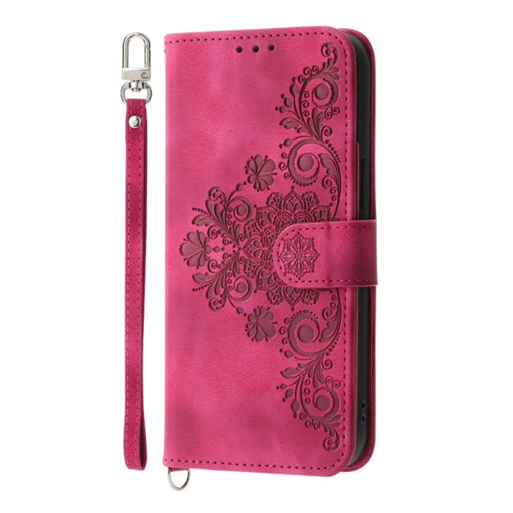 Kožený Kryt Xiaomi 15 Ultra Květinový Vzor S Popruhem A Ramenním Popruhem