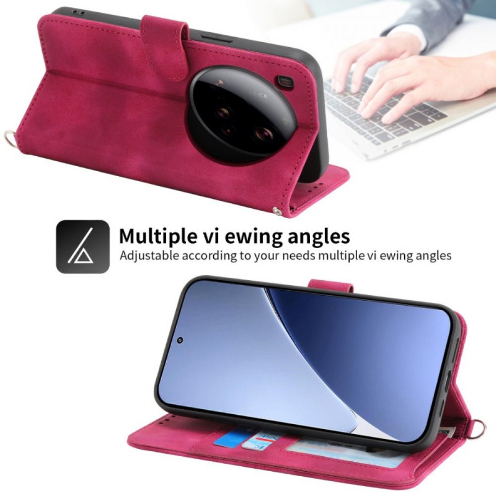 Kožený Kryt Xiaomi 15 Ultra Květinový Vzor S Popruhem A Ramenním Popruhem