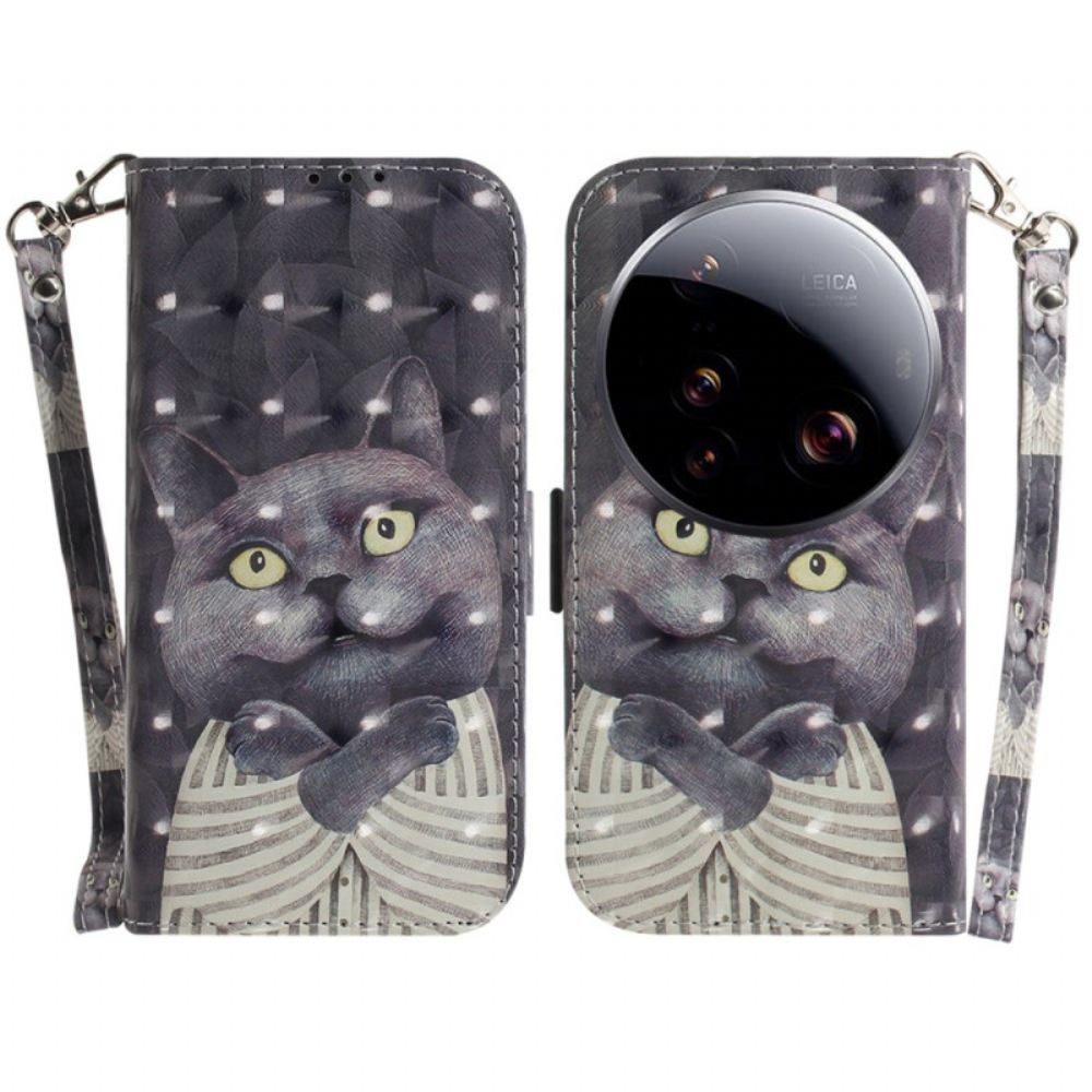 Kožený Kryt Xiaomi 15 Ultra Šedá Kočka Se Šňůrkou