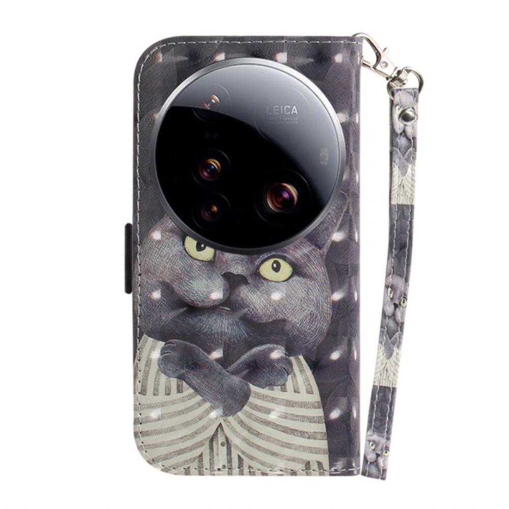 Kožený Kryt Xiaomi 15 Ultra Šedá Kočka Se Šňůrkou