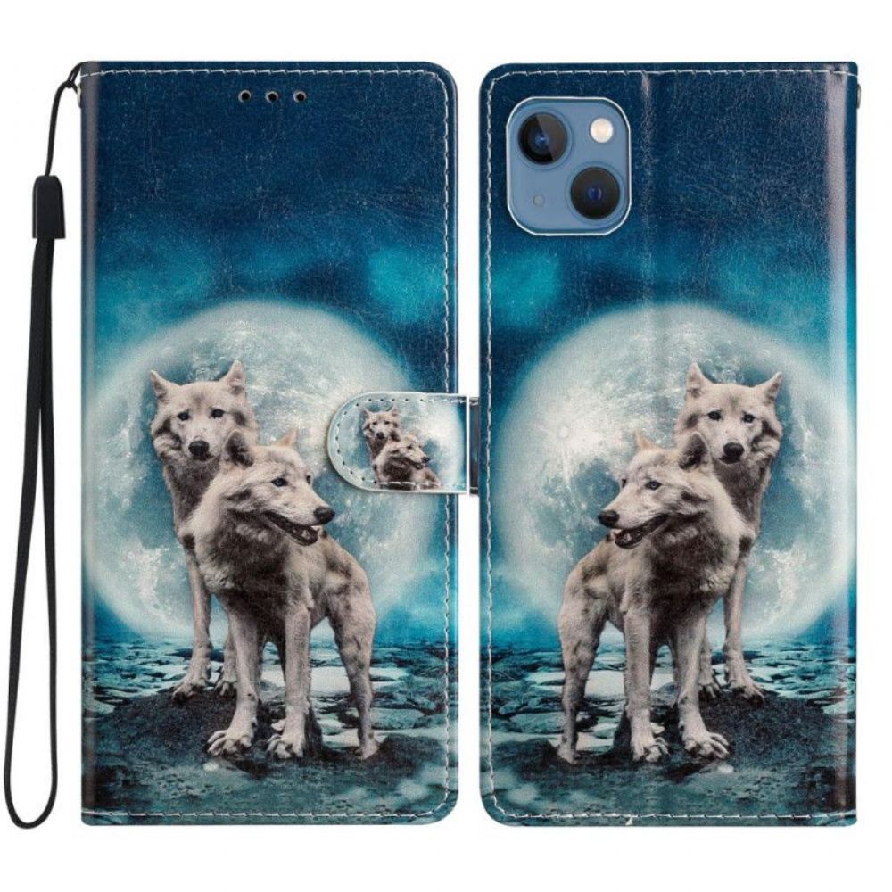 Flipové Pouzdro Na iPhone 15 Na Lana Vlci Pod Měsíčním Lanem