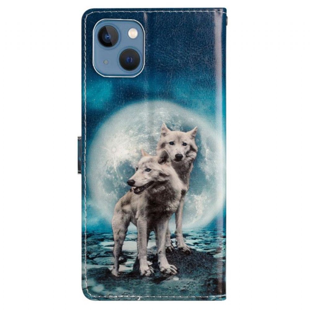 Flipové Pouzdro Na iPhone 15 Na Lana Vlci Pod Měsíčním Lanem