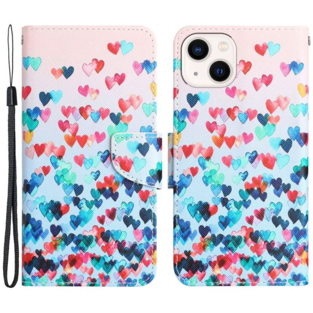 Kožené Pouzdro Na iPhone 15 Na Lana Srdcový Déšť S Popruhem