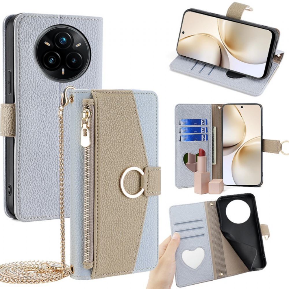 Kožený Kryt Realme 14 Pro Plus 5g Dvoubarevné Se Zrcadlem A Ramenním Popruhem