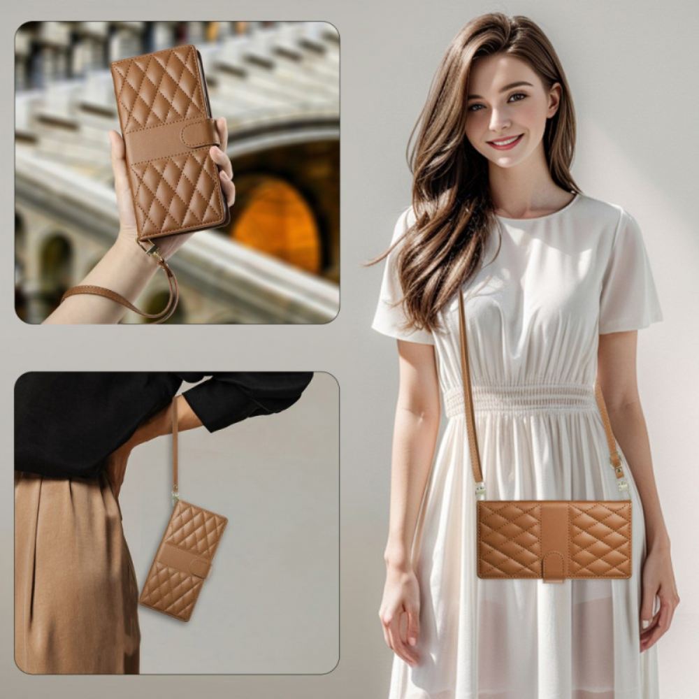 Kožený Kryt Realme 14 Pro Plus 5g Prošívané S Popruhem A Ramenním Popruhem