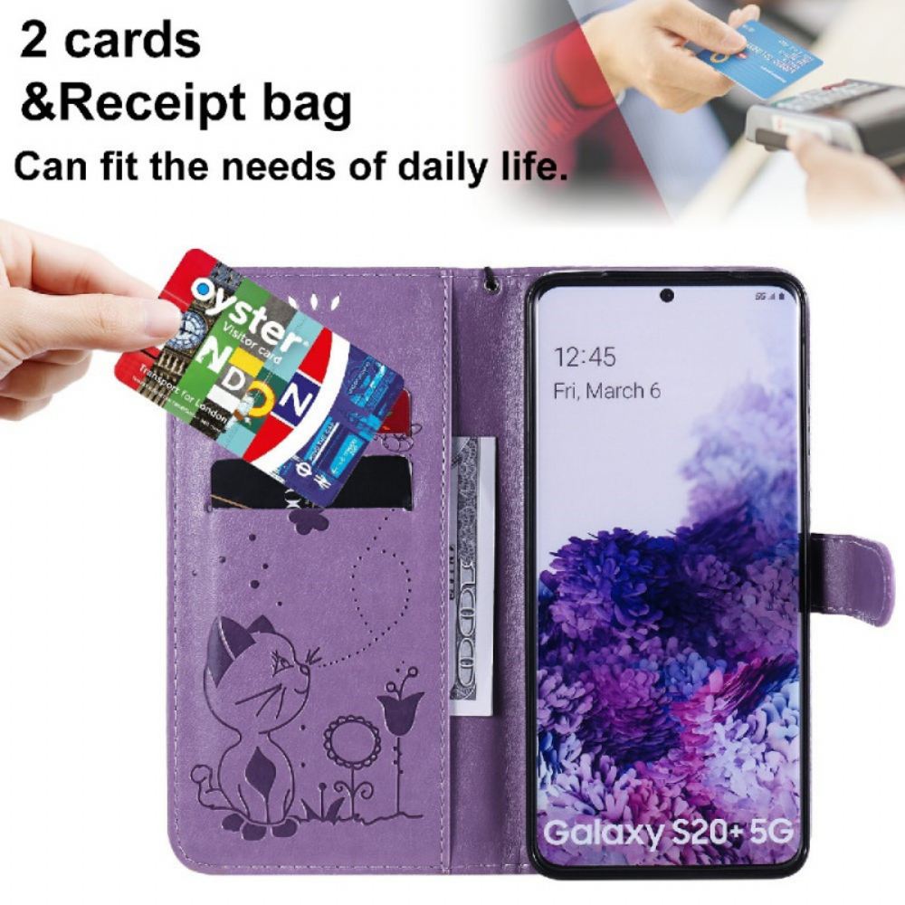 Kožené Pouzdro Na Samsung Galaxy S20 Plus 4G / 5G Na Lana Kočka A Včela S Popruhem