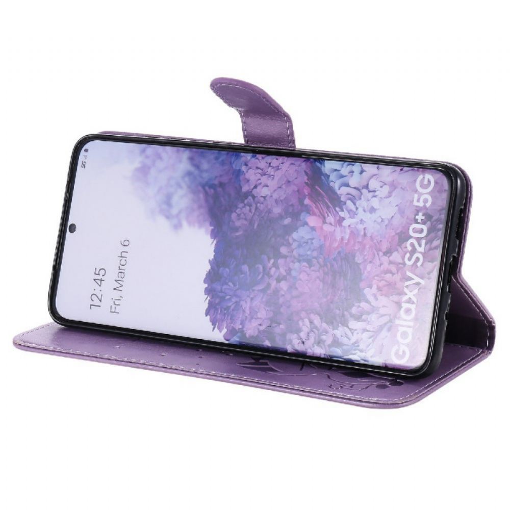 Kožené Pouzdro Na Samsung Galaxy S20 Plus 4G / 5G Na Lana Kočka A Včela S Popruhem