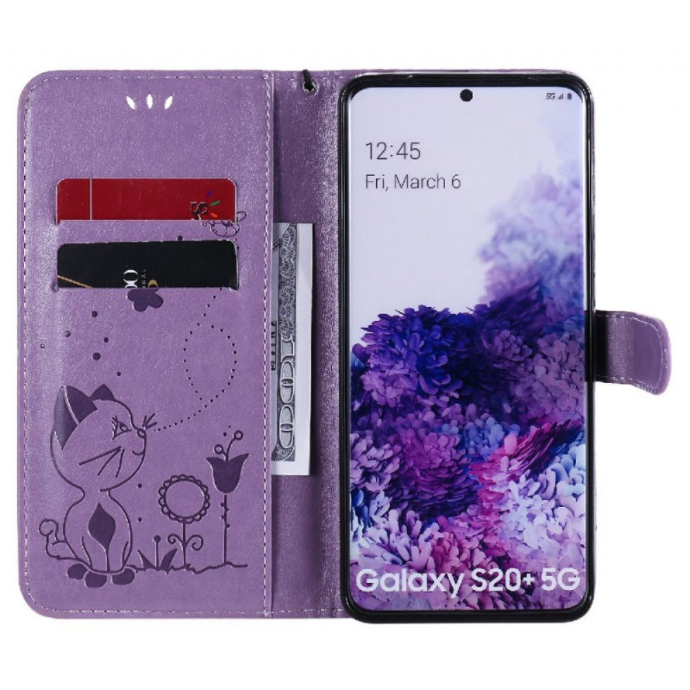 Kožené Pouzdro Na Samsung Galaxy S20 Plus 4G / 5G Na Lana Kočka A Včela S Popruhem
