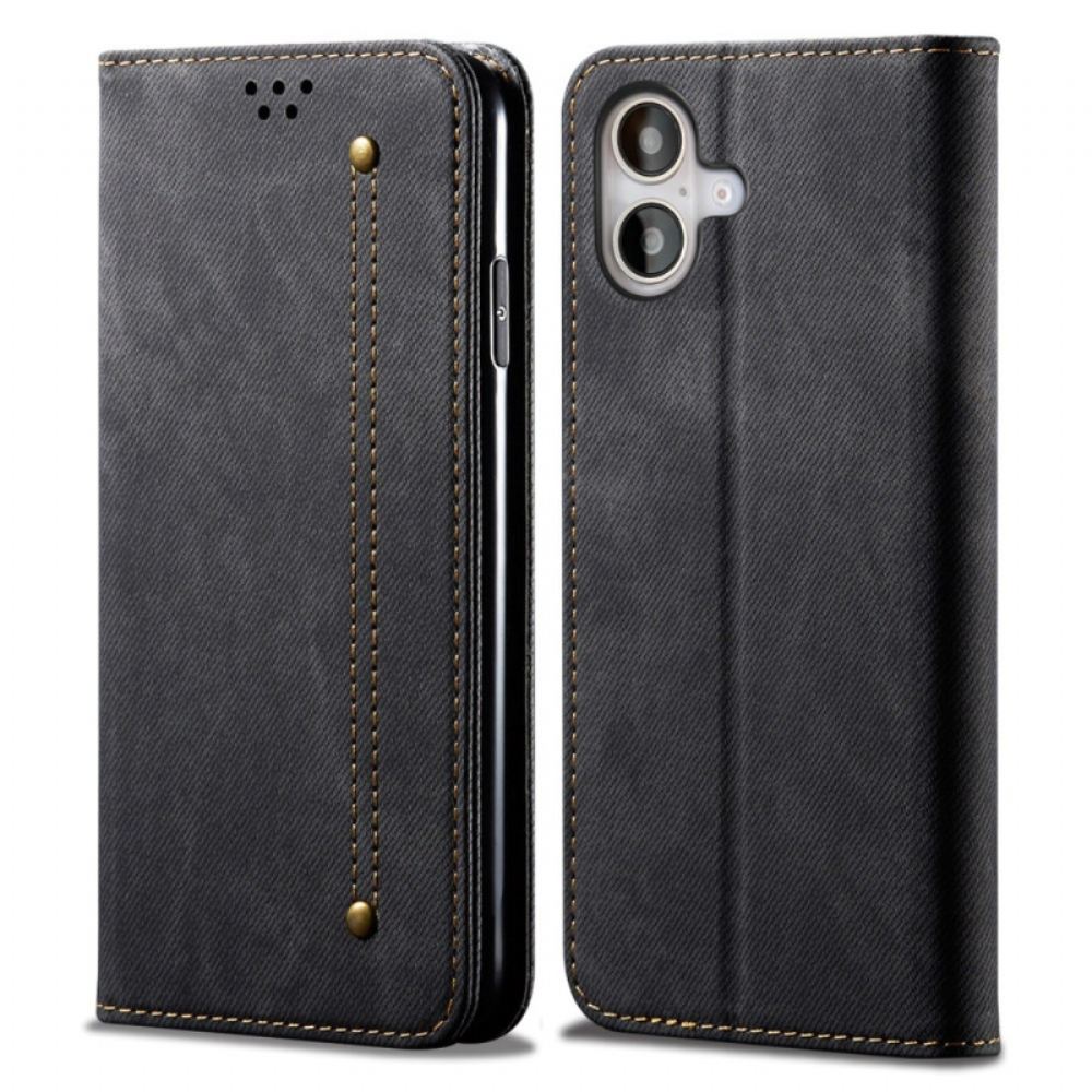Kožené Pouzdro Folio iPhone 16 Džínová Tkanina