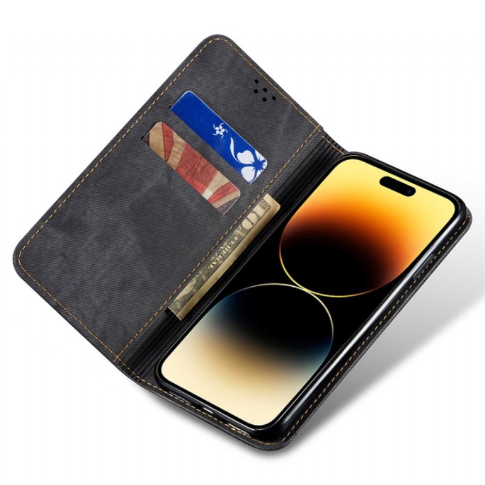 Kožené Pouzdro Folio iPhone 16 Džínová Tkanina
