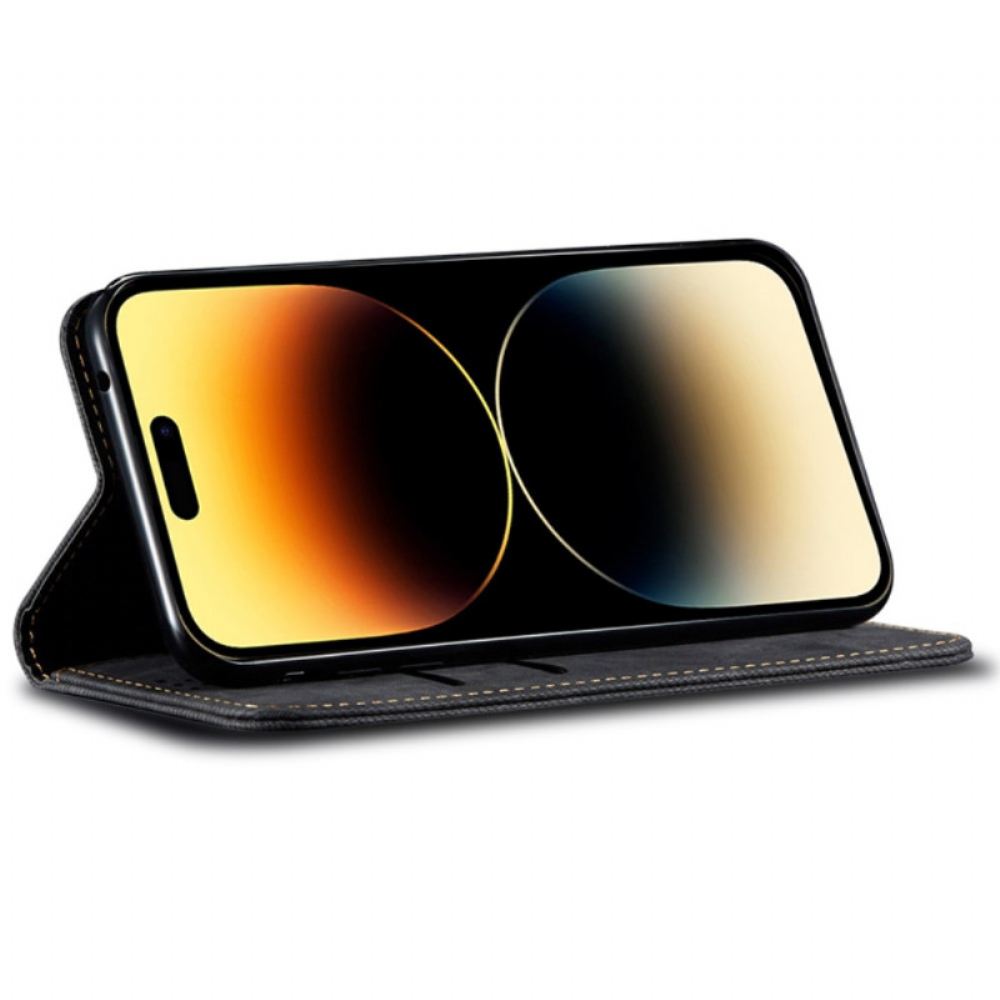 Kožené Pouzdro Folio iPhone 16 Džínová Tkanina