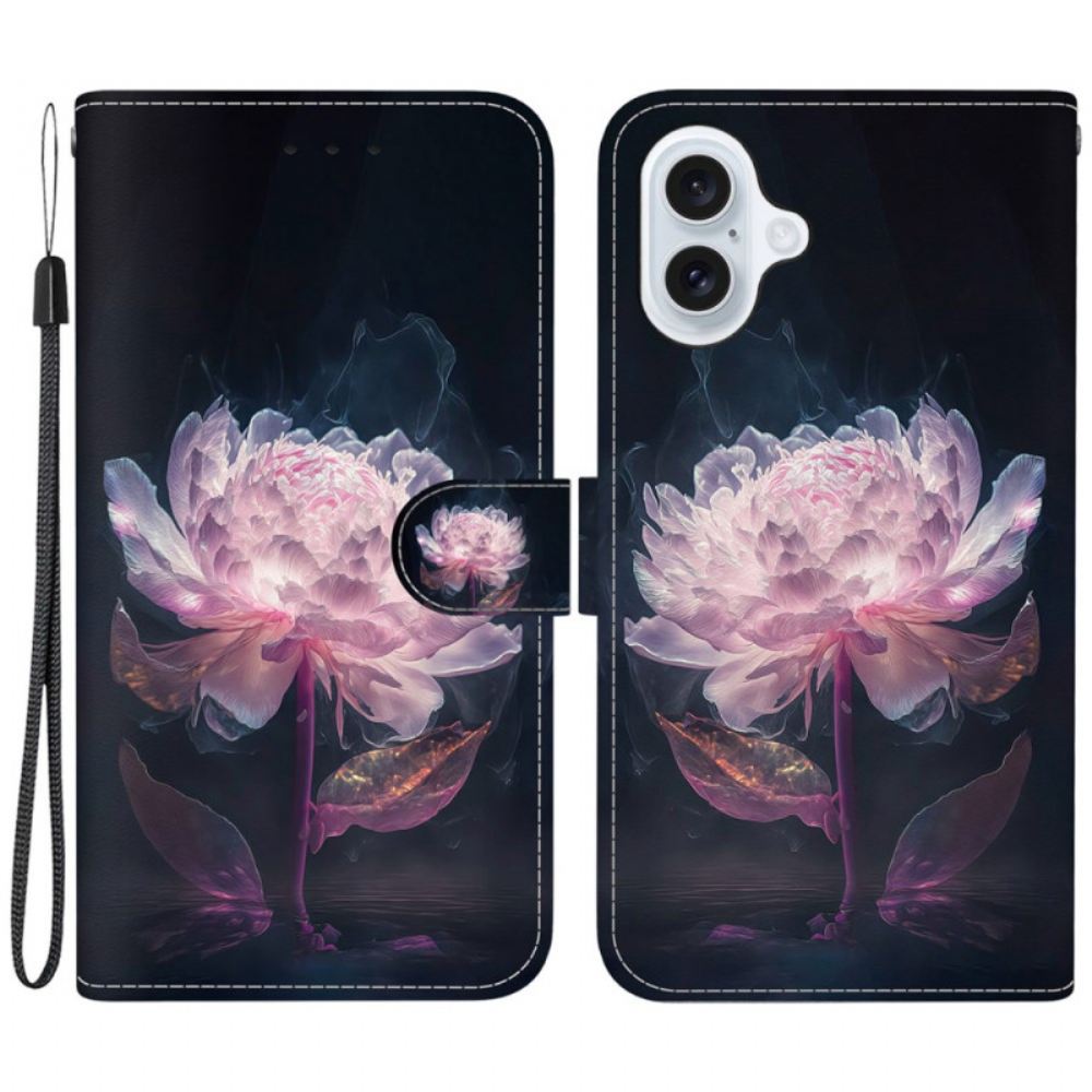 Kožený Kryt iPhone 16 Fialová Pivoňka S Řemínkem