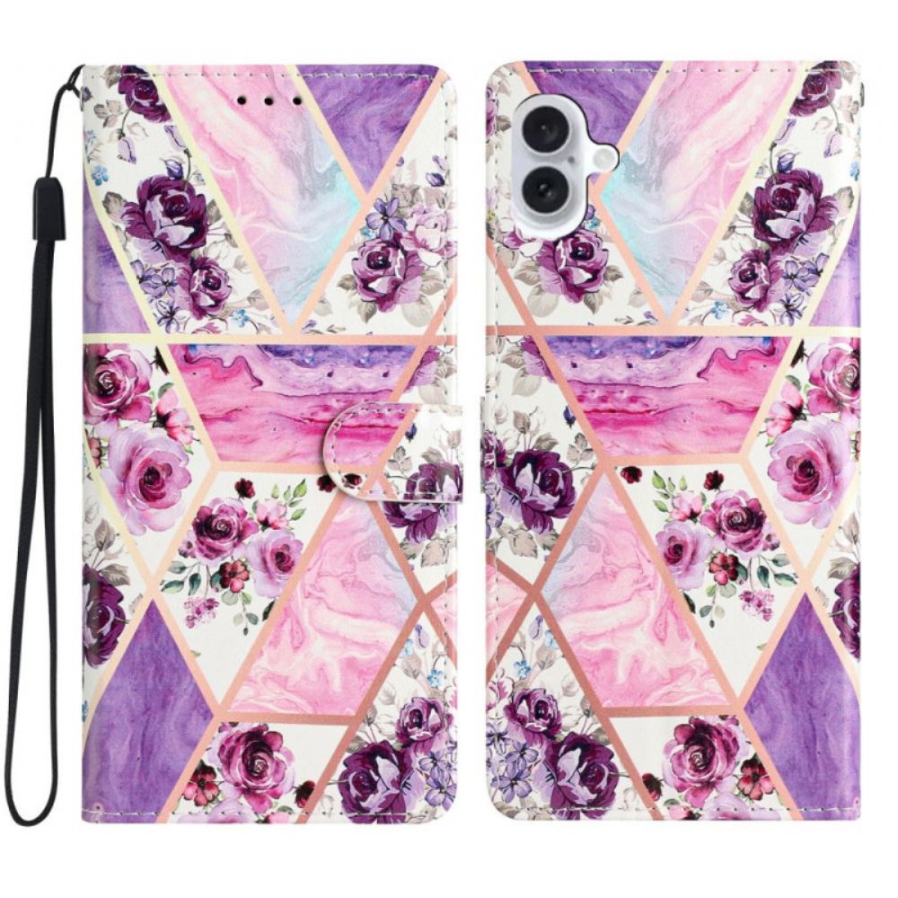 Kožený Kryt iPhone 16 Fialové Květy S Páskem