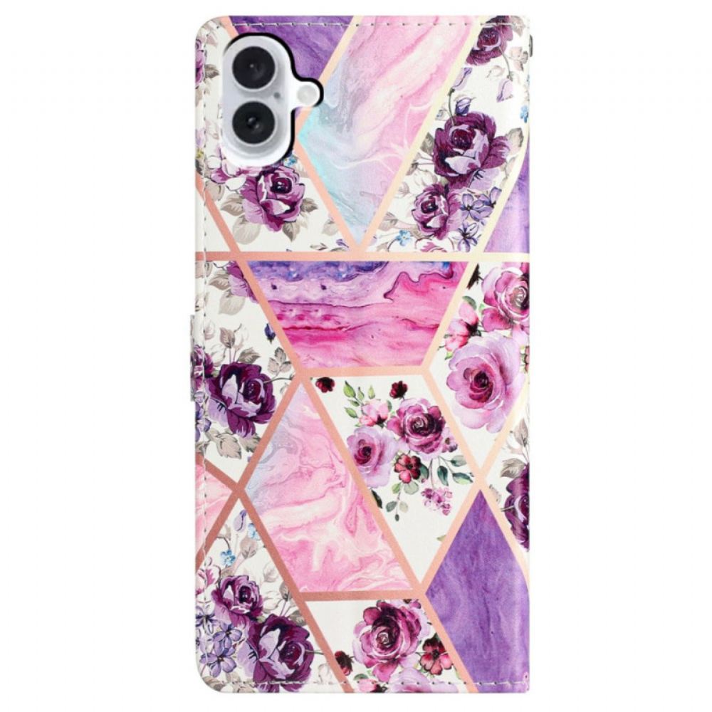 Kožený Kryt iPhone 16 Fialové Květy S Páskem